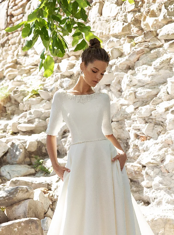 Boho - inspired wedding dresses with floral embroideryElegant Minimalist A-Line Mikado Wedding Dress Boho - inspired wedding dresses with floral embroideryElegant Minimalist A-Line Mikado Wedding Dress