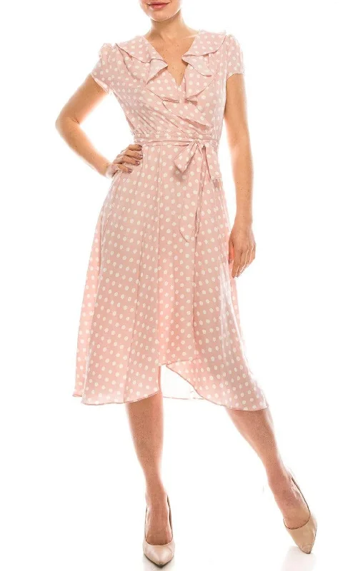 Ruffled cocktail dresses with a knee - length hem for a feminine appealGabby Skye - 57538MG Polka Dot Ruffle Neckline Faux Wrap Dress Ruffled cocktail dresses with a knee - length hem for a feminine appealGabby Skye - 57538MG Polka Dot Ruffle Neckline Faux Wrap Dress
