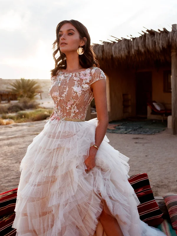 Appliqued wedding dresses with 3D floral designsHigh Neck 3D Flower Wedding Gown with Ruffle Skirt Appliqued wedding dresses with 3D floral designsHigh Neck 3D Flower Wedding Gown with Ruffle Skirt
