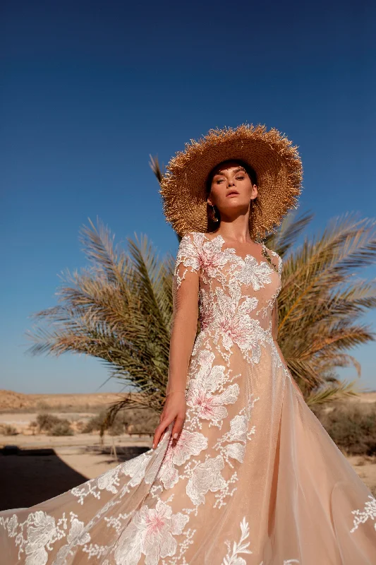 Ruffled wedding dresses with a cascading effect​Illusion Slevee Floral Print Gown