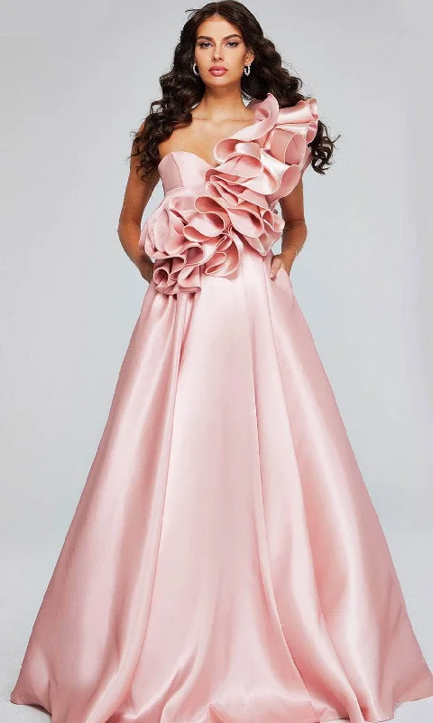Velvet - trimmed wedding guest dresses in burgundy for a formal eventJovani 40796 - Ruffle Draped Evening Gown