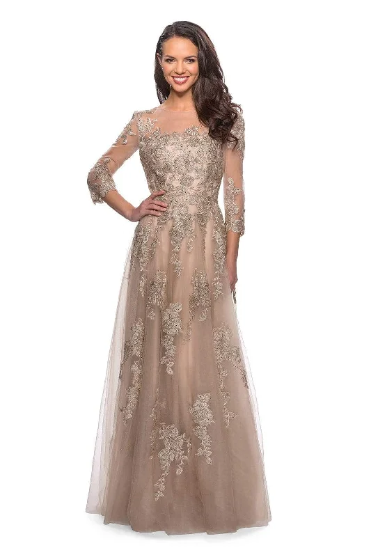 Long - sleeved wedding guest dresses in velvet for a winter weddingLa Femme - 27733 Quarter Sleeve Floral Embroidered Lace A-Line Gown Long - sleeved wedding guest dresses in velvet for a winter weddingLa Femme - 27733 Quarter Sleeve Floral Embroidered Lace A-Line Gown
