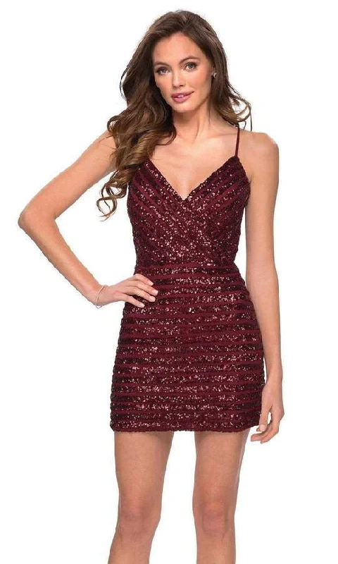 Satin - lined cocktail dresses with a lace outer layerLa Femme - Deep V-Neck Sequin Short Dress 29171SC Satin - lined cocktail dresses with a lace outer layerLa Femme - Deep V-Neck Sequin Short Dress 29171SC