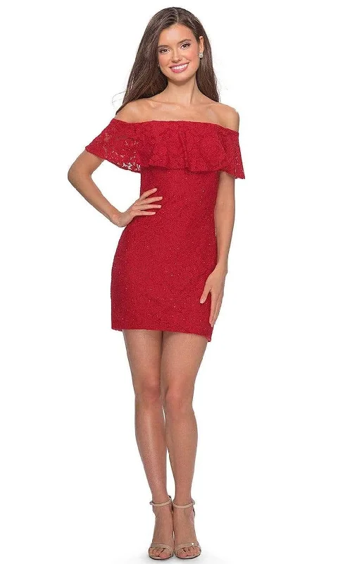 Long - cocktail dresses with a slit and a fitted bodiceLa Femme - Draped Lace Off Shoulder Short Dress 28147SC