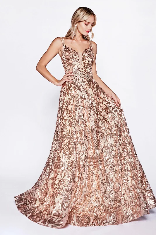Bodycon dress in a pastel color palette​Cinderella Divine CR842 Long Ball Gown Sequins Print Prom Dress