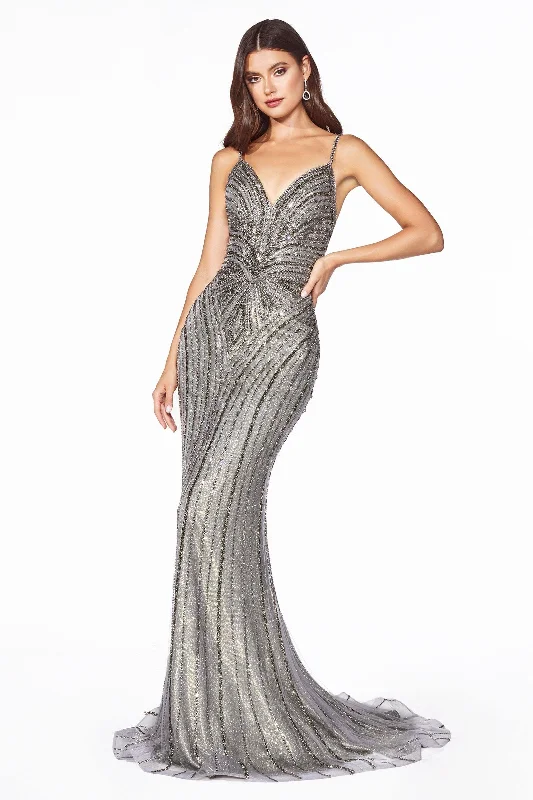Bodycon dress for a business networking event​Cinderella Divine KC898 Long Formal Fitted Metallic V-Neck Prom Dress