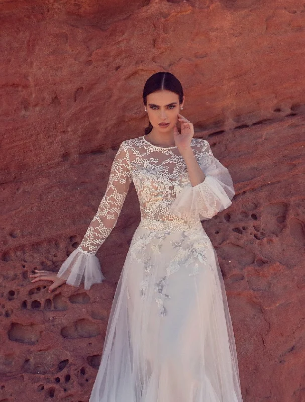 A - line wedding dresses with a beaded neckline​Long Sleeve Lace Wedding Dress