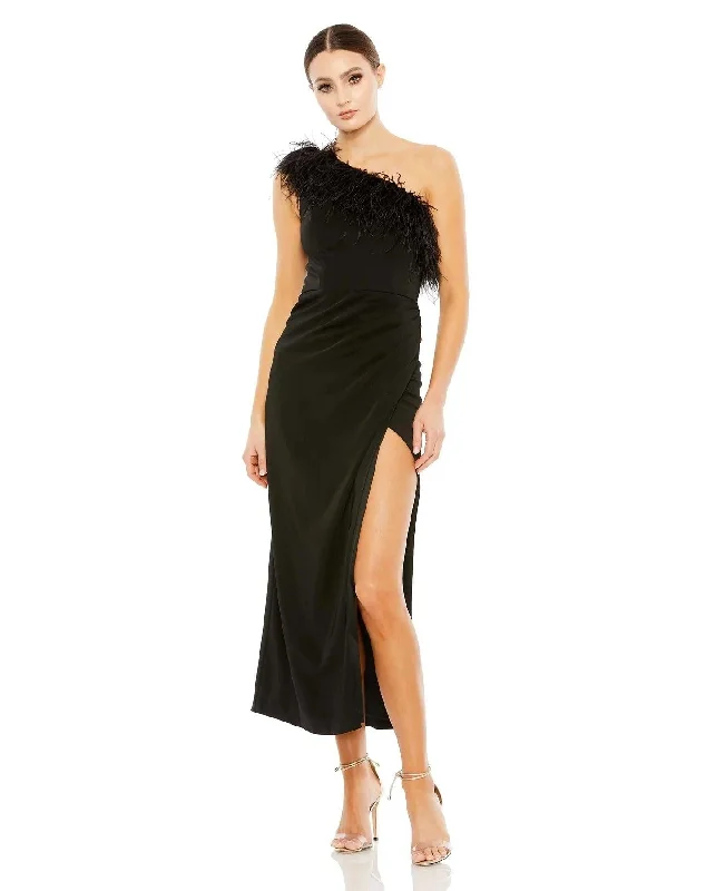 Geometric - printed cocktail dresses with a long - sleeve optionMac Duggal A68147 Prom One Shoulder Tea Length Dress Geometric - printed cocktail dresses with a long - sleeve optionMac Duggal A68147 Prom One Shoulder Tea Length Dress