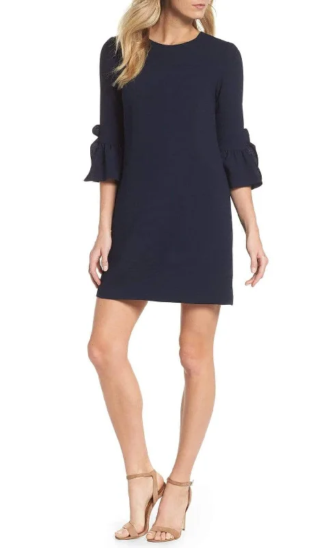 Asymmetric - hem cocktail dresses in a bold color for a fashion - forward lookMaggy London - G3079M Flounce Quarter Sleeve Column Mini Shift Dress Asymmetric - hem cocktail dresses in a bold color for a fashion - forward lookMaggy London - G3079M Flounce Quarter Sleeve Column Mini Shift Dress