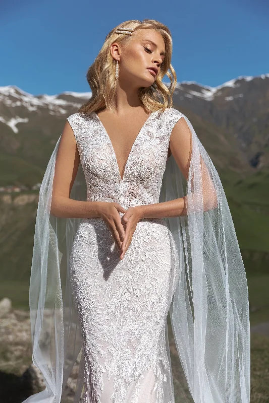 Vintage - themed wedding dresses with pearl accentsMermaid Wedding Dress with Tulle Cape Vintage - themed wedding dresses with pearl accentsMermaid Wedding Dress with Tulle Cape