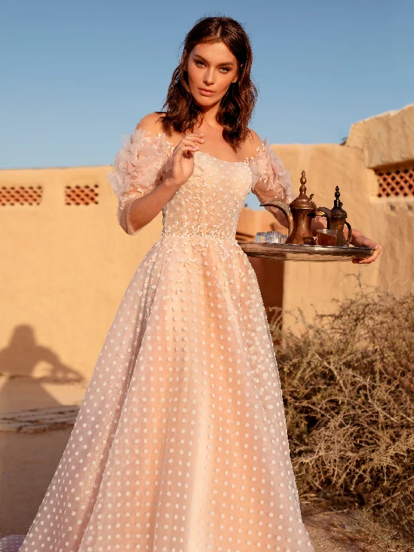 Silk wedding dresses with a smooth and luxurious feel​Off-Shoulder Polka Dot Gown