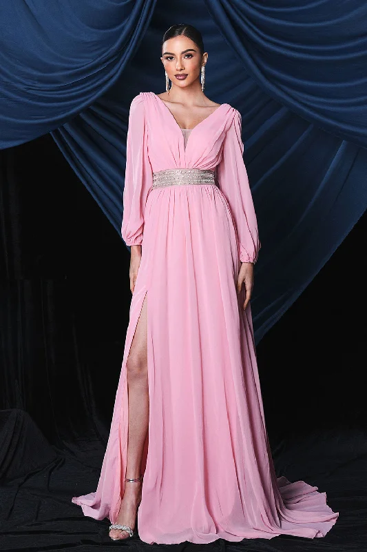 Cocktail dresses with an abstract print and a high - low hemlinePink Chiffon Long Sleeves Prom Dress With Slit Cocktail dresses with an abstract print and a high - low hemlinePink Chiffon Long Sleeves Prom Dress With Slit