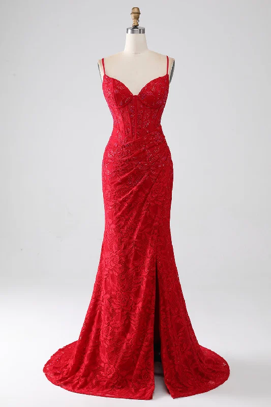 Bow - backed cocktail dresses with a fit - and - flare silhouetteRed Mermaid Spaghetti Straps Beaded Lace Applique Prom Dress With Slit Bow - backed cocktail dresses with a fit - and - flare silhouetteRed Mermaid Spaghetti Straps Beaded Lace Applique Prom Dress With Slit