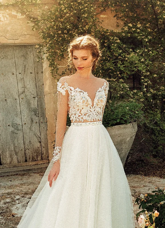 High - low hem wedding dresses for a trendy twistSheer Long Sleeve A-Line Wedding Dress High - low hem wedding dresses for a trendy twistSheer Long Sleeve A-Line Wedding Dress