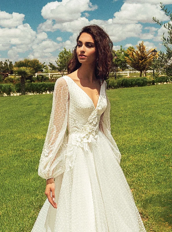 Off - the - shoulder wedding dresses with ruffled sleevesSheer Long Sleeves Polka Dot A-Line Wedding Dress Off - the - shoulder wedding dresses with ruffled sleevesSheer Long Sleeves Polka Dot A-Line Wedding Dress