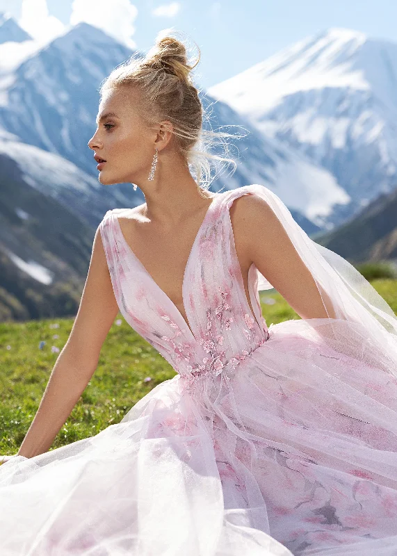Trumpet - style wedding dresses with a train​Sleeveless A-Line Floral Print Gown