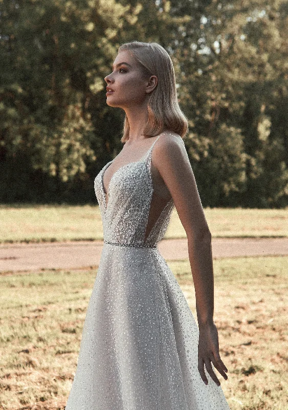 A - line wedding dresses with a beaded necklineSpaghetti Strap Glitter Wedding Gown A - line wedding dresses with a beaded necklineSpaghetti Strap Glitter Wedding Gown
