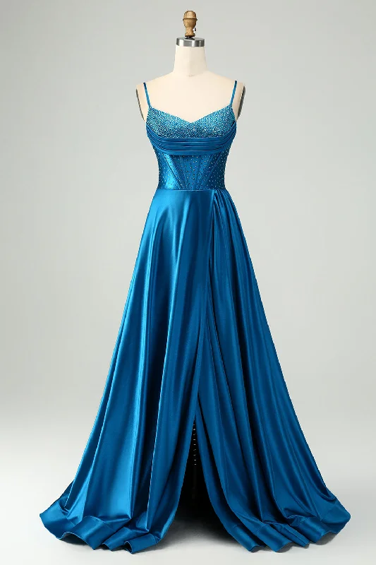 Short cocktail dresses in royal blue for a formal eventSparkly Dark Blue A Line Corset Beaded Long Prom Dress With Slit Short cocktail dresses in royal blue for a formal eventSparkly Dark Blue A Line Corset Beaded Long Prom Dress With Slit