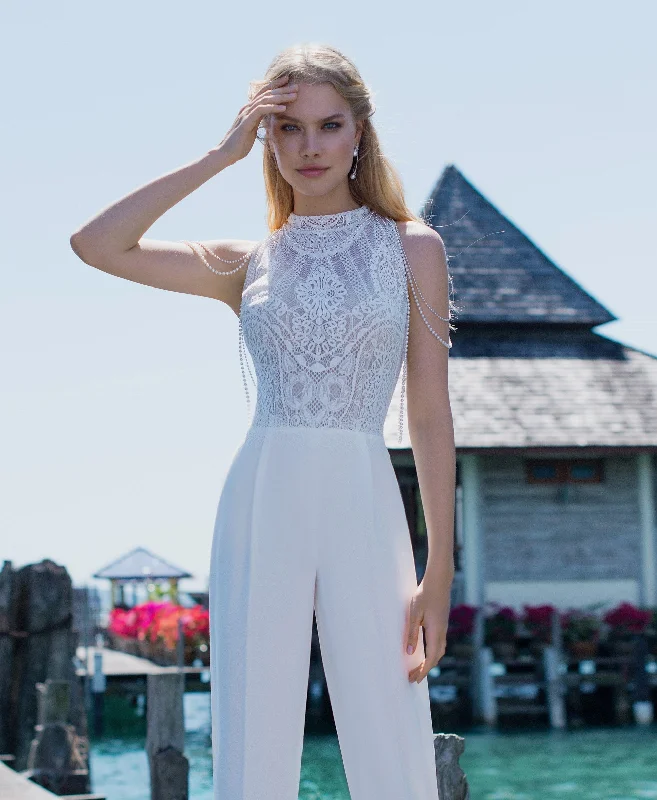 Short - length wedding dresses with a flirty skirt​Stylish White Bridal Jumpsuit