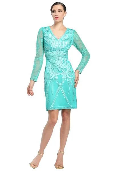 Sequined cocktail dresses with a mermaid silhouetteSue Wong - Floral Embroidered Long Sleeve V-Neck Dress N4516 Sequined cocktail dresses with a mermaid silhouetteSue Wong - Floral Embroidered Long Sleeve V-Neck Dress N4516