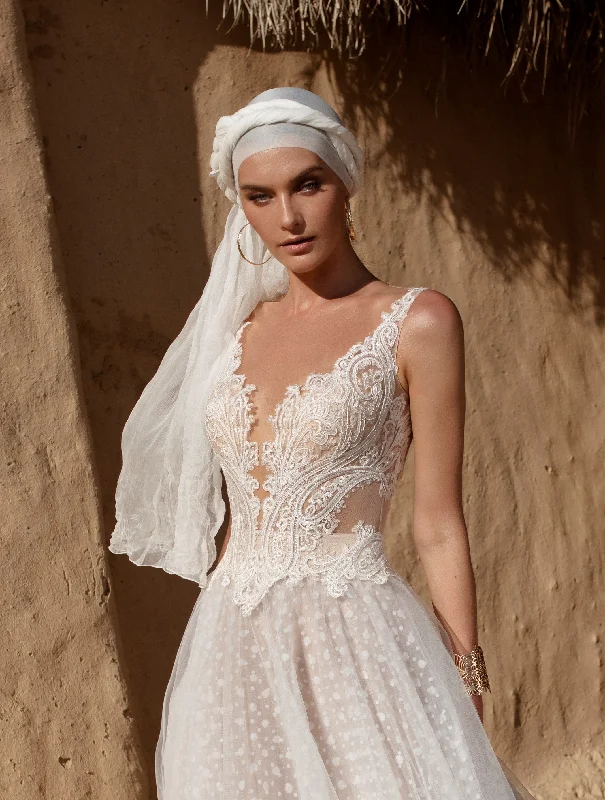 A - line wedding dresses with a beaded neckline​V-Neck Sleeveless Wedding Gown