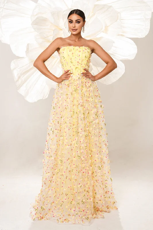 Velvet cocktail dresses with long sleeves for winter galasYellow Floral Strapless Corset Long Prom Dress Velvet cocktail dresses with long sleeves for winter galasYellow Floral Strapless Corset Long Prom Dress