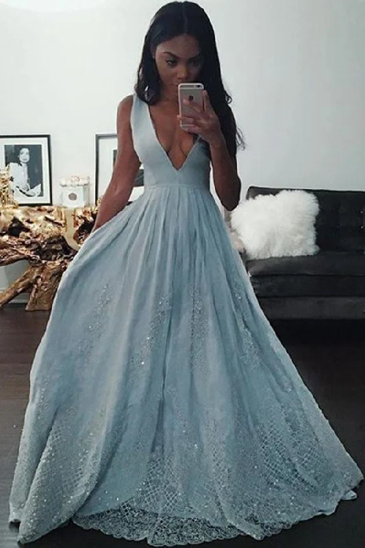 Midi - length party dresses for a modest and fashionable choiceA-Line Deep V-neck Light Blue Prom Dress with Appliques Beading PG387 Midi - length party dresses for a modest and fashionable choiceA-Line Deep V-neck Light Blue Prom Dress with Appliques Beading PG387