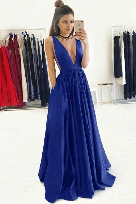 Prom party dresses with a glamorous and elegant aestheticA-Line Deep V-Neck Sweep Train Royal Blue Prom Dress with Ruched PG392 Prom party dresses with a glamorous and elegant aestheticA-Line Deep V-Neck Sweep Train Royal Blue Prom Dress with Ruched PG392