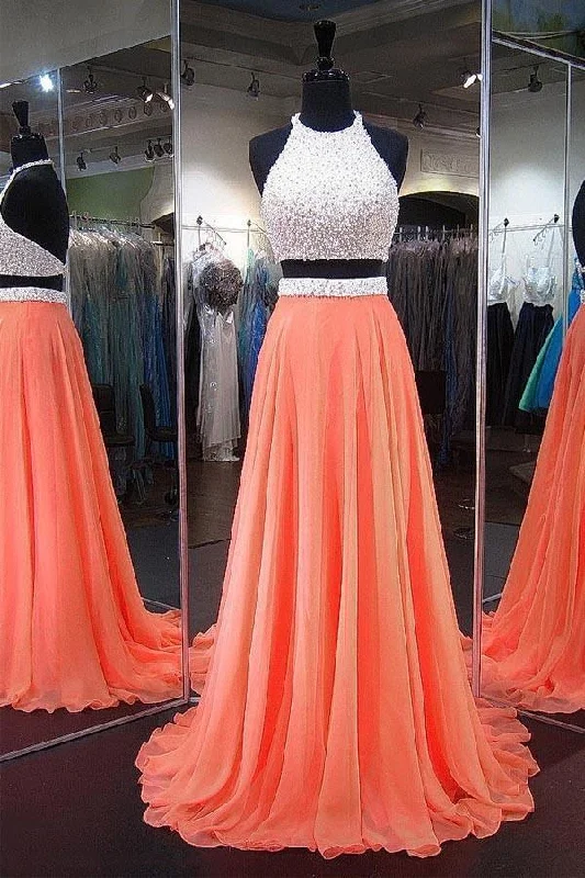 Party dresses with a ruched fabric for a textured and flattering effectA-line Halter Chiffon Sweep Train Backless Two Piece Prom Dresses PG386 Party dresses with a ruched fabric for a textured and flattering effectA-line Halter Chiffon Sweep Train Backless Two Piece Prom Dresses PG386