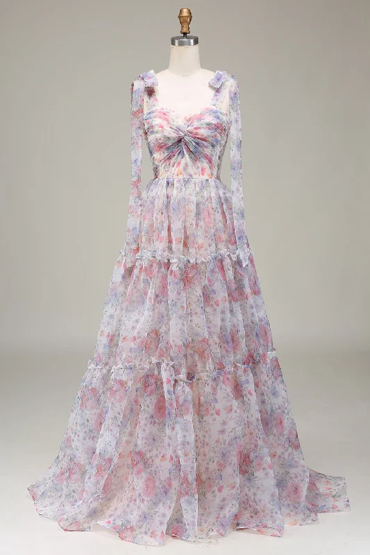 Ball - gown style formal dresses with sequined bodices for promA-Line Spaghetti Straps Lilac Flower Printed Prom Dress Ball - gown style formal dresses with sequined bodices for promA-Line Spaghetti Straps Lilac Flower Printed Prom Dress