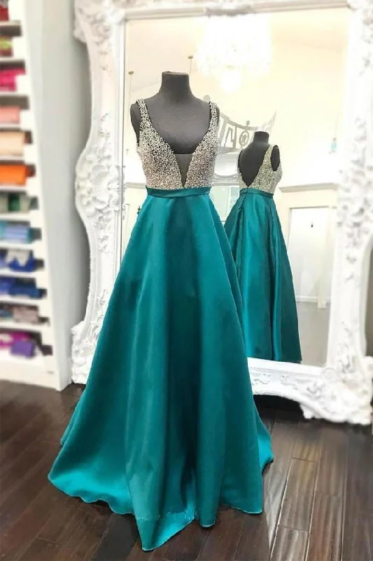 Party dresses with a cut - out design for a daring and edgy styleBeaded Plunging V-neckline Floor-length Teal Green Satin Prom Dress PG395 Party dresses with a cut - out design for a daring and edgy styleBeaded Plunging V-neckline Floor-length Teal Green Satin Prom Dress PG395
