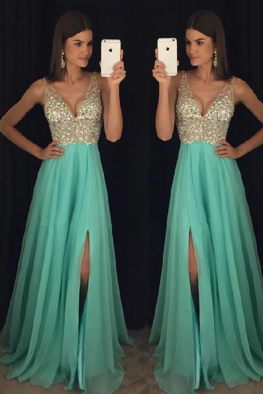 Sleeveless party dresses made of silk for a luxurious feelBeaded V Neck Open Back Long Chiffon Prom Dresses With Leg Slit PG375 Sleeveless party dresses made of silk for a luxurious feelBeaded V Neck Open Back Long Chiffon Prom Dresses With Leg Slit PG375