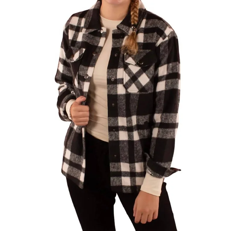 Water - resistant women's trench coats with adjustable cuffs for rainy daysCassidy Classic Plaid Shacket In Black/white Water - resistant women's trench coats with adjustable cuffs for rainy daysCassidy Classic Plaid Shacket In Black/white