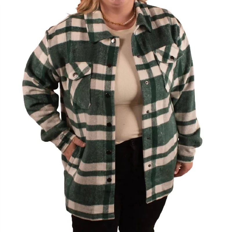 Petite women's wool blend coats with a tailored fit for a flattering silhouetteCassidy Classic Plaid Shacket In Green/grey Petite women's wool blend coats with a tailored fit for a flattering silhouetteCassidy Classic Plaid Shacket In Green/grey