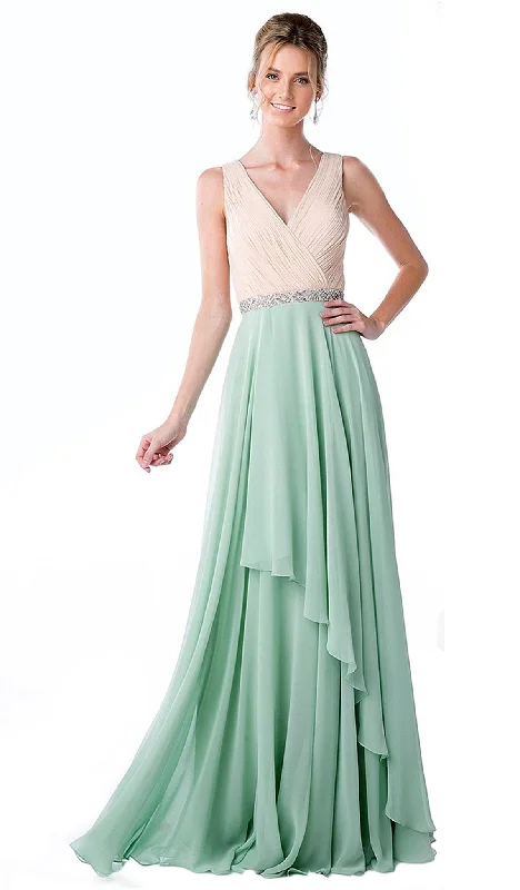 Formal dresses with wrap - around styles and beaded belts for a customized fitCinderella Divine - Shirred Surplice Bodice Cascading A-Line Evening Gown Formal dresses with wrap - around styles and beaded belts for a customized fitCinderella Divine - Shirred Surplice Bodice Cascading A-Line Evening Gown