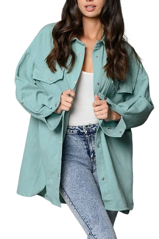 Mid - length women's down coats in a slim fit for a modern and sleek appearanceDenim Button Up Shacket In Blue Mid - length women's down coats in a slim fit for a modern and sleek appearanceDenim Button Up Shacket In Blue