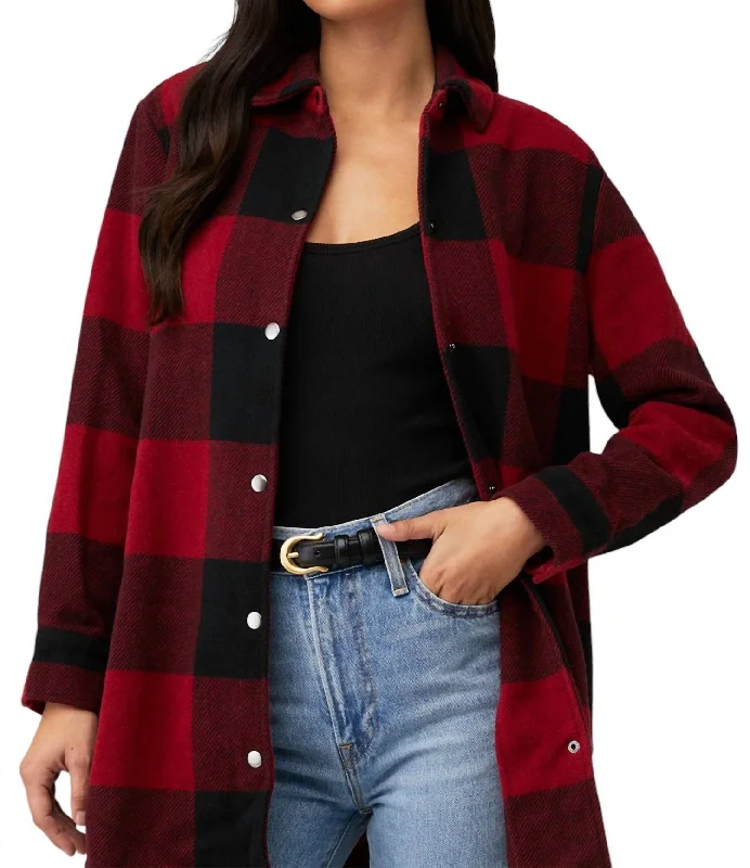 Women's knee - length wool blend coats with a fur collar for added warmthEldridge Shacket In Red Women's knee - length wool blend coats with a fur collar for added warmthEldridge Shacket In Red
