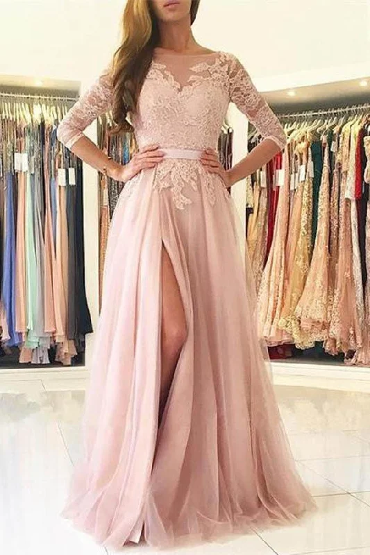 Party dresses with a satin - lined interior for added comfortElegant Half-Sleeve Split Lace Long Evening Dress Prom Dresses PG429 Party dresses with a satin - lined interior for added comfortElegant Half-Sleeve Split Lace Long Evening Dress Prom Dresses PG429
