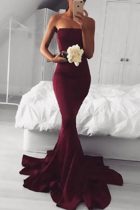Party dresses with a bow detail for a cute and charming touchElegant Strapless Mermaid Long Burgundy Prom Dress Bridesmaid Dress PG397 Party dresses with a bow detail for a cute and charming touchElegant Strapless Mermaid Long Burgundy Prom Dress Bridesmaid Dress PG397
