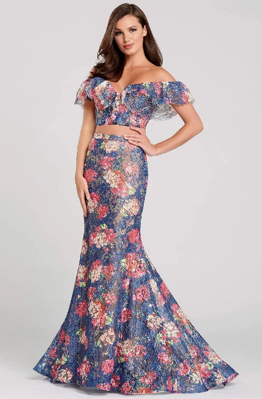 Prom dresses with cold - shoulder cutouts and satin bows for a trendy lookMon Cheri - EW120099 Off-Shoulder 2-Piece Novelty Lace Trumpet Dress