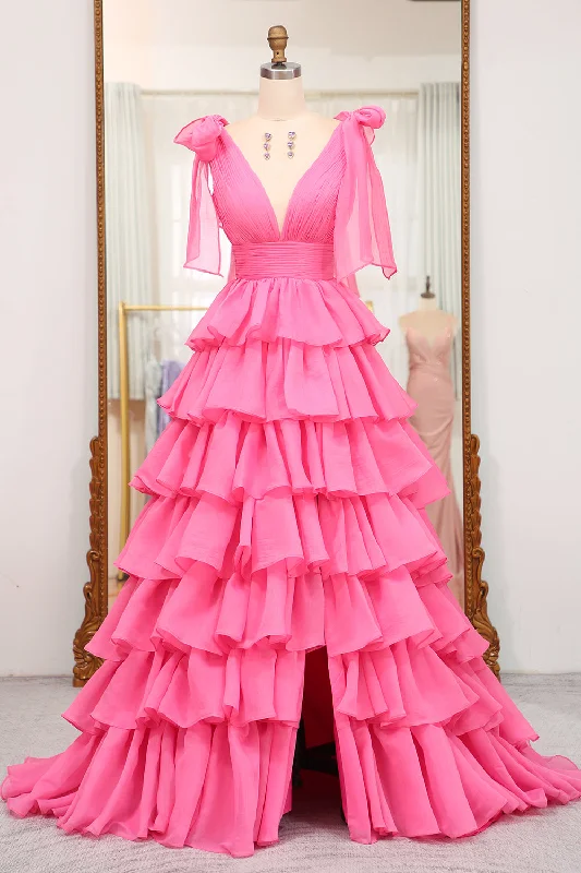 Formal dresses with empire waists and organza overlays for a feminine lookFuchsia A Line V Neck Tiered Long Prom Dress With Slit Formal dresses with empire waists and organza overlays for a feminine lookFuchsia A Line V Neck Tiered Long Prom Dress With Slit