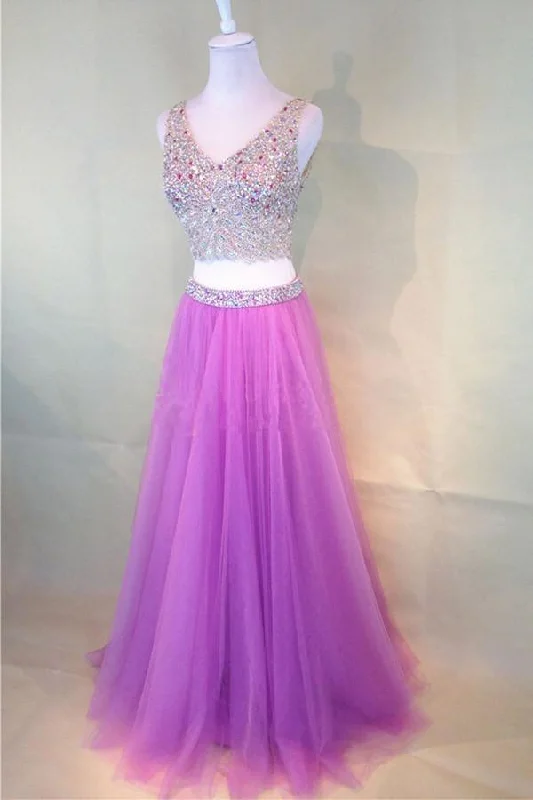 80s - inspired party dresses with bold colors and big shouldersFuchsia Pink Two-Piece Fashion Beaded V-Neck Tulle Prom Dress PG381 80s - inspired party dresses with bold colors and big shouldersFuchsia Pink Two-Piece Fashion Beaded V-Neck Tulle Prom Dress PG381