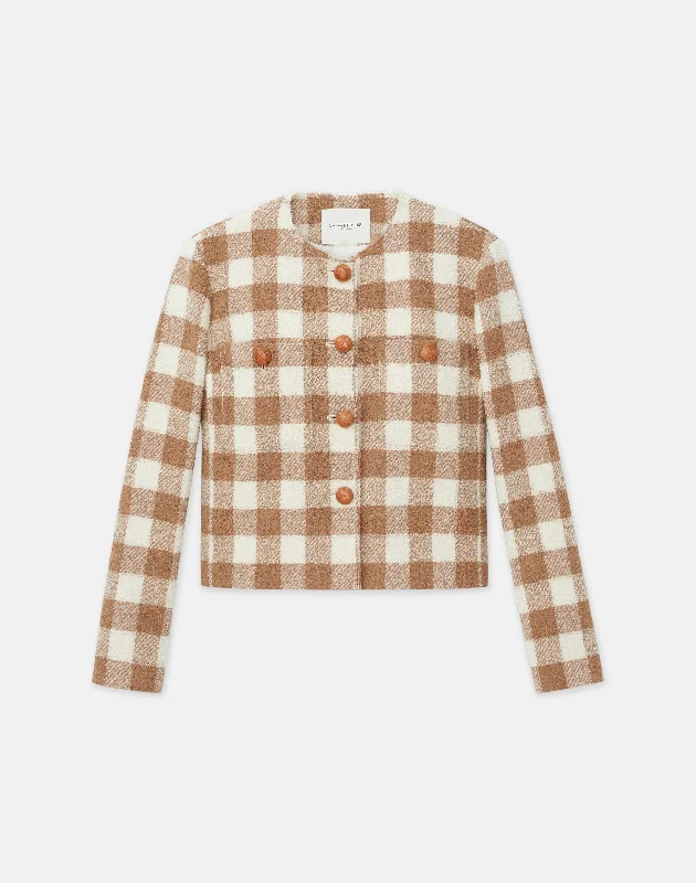 Women's cropped leather coats with silver studs for an edgy lookGingham Wool Collarless Buttoned Jacket Women's cropped leather coats with silver studs for an edgy lookGingham Wool Collarless Buttoned Jacket