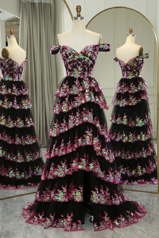Formal dresses with fringe - trimmed sleeves and wrap - around styles for a bohemian - inspired formal eventGlitter Black Pink A-Line Tiered Long Prom Dress With Lace Formal dresses with fringe - trimmed sleeves and wrap - around styles for a bohemian - inspired formal eventGlitter Black Pink A-Line Tiered Long Prom Dress With Lace
