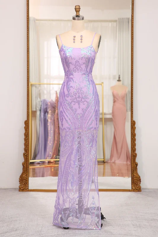 Formal dresses with gathered bodices and wide - leg skirts for a comfortable and stylish silhouetteGlitter Lilac Mermaid Spaghetti Straps Backless Long Prom Dress With Embroidery