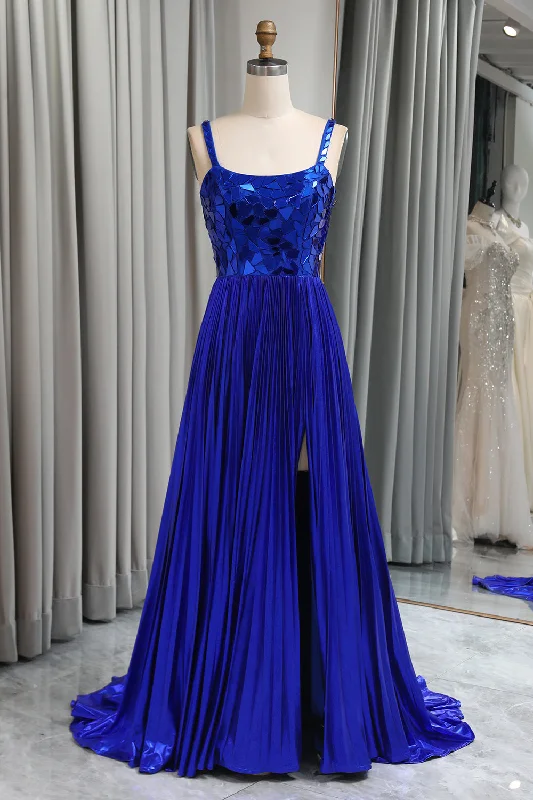 Prom dresses with gathered skirts and crystal - encrusted belts for a luxurious promGlitter Royal Blue A Line Long Mirror Prom Dress With Slit Prom dresses with gathered skirts and crystal - encrusted belts for a luxurious promGlitter Royal Blue A Line Long Mirror Prom Dress With Slit