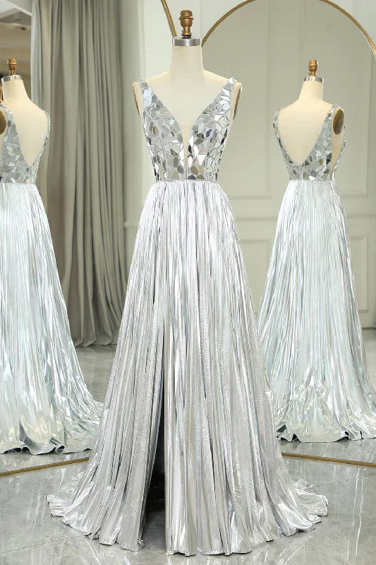 Ball - gown style formal dresses with sequined bodices for promGlitter Silver Backless Long Mirror Prom Dress Ball - gown style formal dresses with sequined bodices for promGlitter Silver Backless Long Mirror Prom Dress
