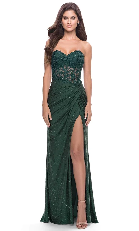 Formal dresses with ruffled skirts and bow accents for a charming prom appearanceLa Femme 31343 - Lace Bodice Prom Dress Formal dresses with ruffled skirts and bow accents for a charming prom appearanceLa Femme 31343 - Lace Bodice Prom Dress