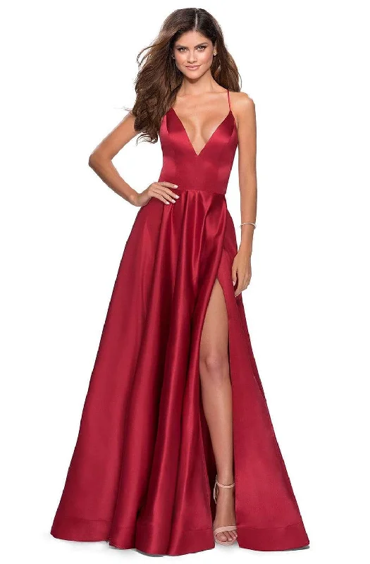 Formal dresses with off - the - shoulder sleeves and rhinestone accents for a sophisticated promLa Femme - Plunging V-Neck Fitted Satin A-Line Dress 28628SC Formal dresses with off - the - shoulder sleeves and rhinestone accents for a sophisticated promLa Femme - Plunging V-Neck Fitted Satin A-Line Dress 28628SC