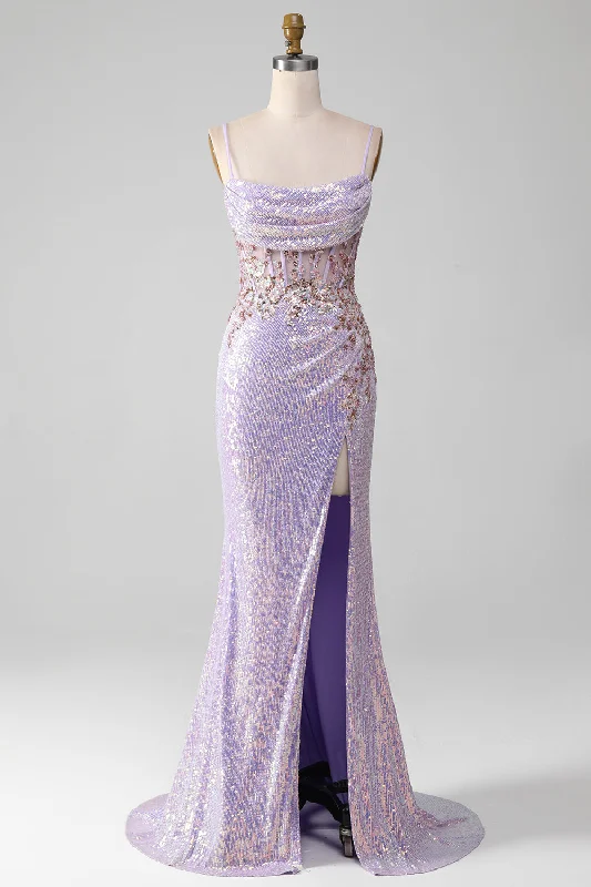 Formal dresses with abstract print panels and rhinestone embellishments for a unique formal eventLilac Sparkly Spaghetti Straps Mermaid Prom Dress with Slit Formal dresses with abstract print panels and rhinestone embellishments for a unique formal eventLilac Sparkly Spaghetti Straps Mermaid Prom Dress with Slit